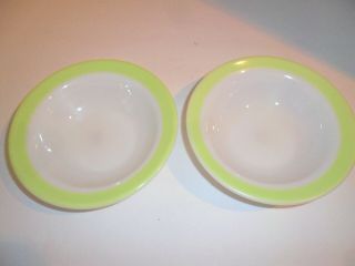 2 Vintage Pyrex Berry Bowls Lime Green Band Around White Glass 5 1/2 "