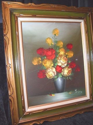 Vintage 28 " Signed Floral Roses Oil Painting Framed Still Life Wall Art