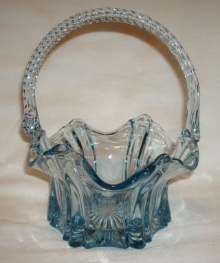 Vintage Fenton Art Glass Light Blue Twisted Handle 7 ½” Tall Basket W/orig Label
