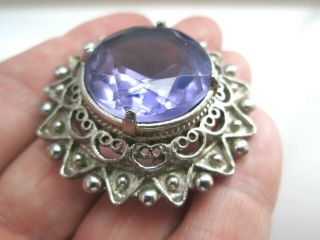 Vintage Signed Jewelery Gorgeous Silver Faceted Amethyst Glass Flower Brooch Pin