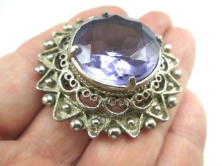Vintage Signed Jewelery Gorgeous Silver Faceted Amethyst Glass Flower Brooch Pin 2