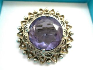 Vintage Signed Jewelery Gorgeous Silver Faceted Amethyst Glass Flower Brooch Pin 3