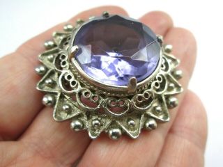 Vintage Signed Jewelery Gorgeous Silver Faceted Amethyst Glass Flower Brooch Pin 4