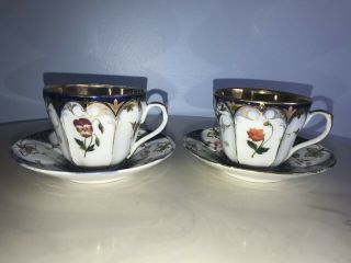 2 Vintage Flow Blue Polychrome Cups &saucers