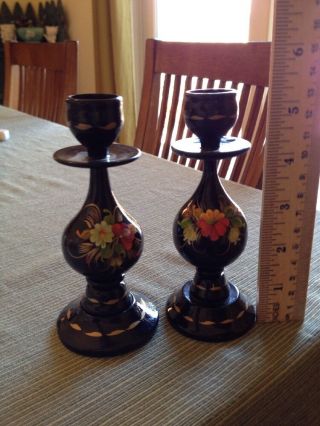 Vintage Hand Painted Wood Ukraine Candle Holders 5 1/2 " Tall
