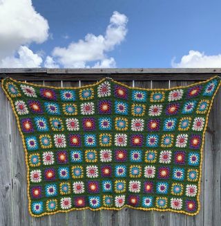 1970s Vintage Afghan - Hand Knitted - Couch Cozy Colorful Blanket Throw - Boho