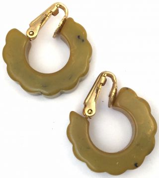 Vintage Hoop Earrings Bakelite Jewelry Clip Back Style Carved Early Plastic