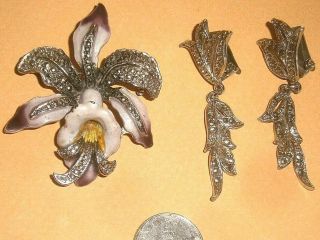 Vintage Enamel Marcasite Flower Brooch And Pair Clip On Earrings Send To Uk