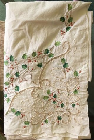Vintage Lenox Linens Christmas Holiday Holly Tablecloth Embroidery Cutwork Ivory