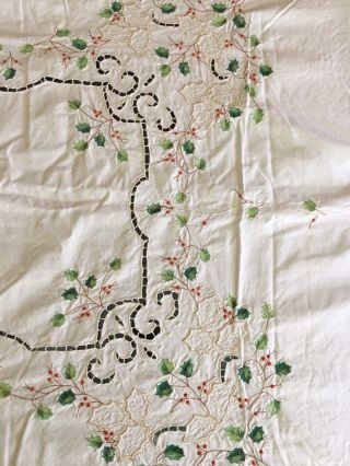 Vintage Lenox Linens Christmas Holiday Holly Tablecloth Embroidery Cutwork Ivory 2
