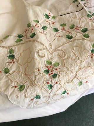 Vintage Lenox Linens Christmas Holiday Holly Tablecloth Embroidery Cutwork Ivory 5