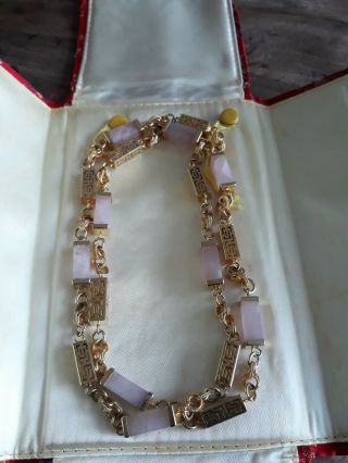 Vintage Chinese Gold & Rose Quartz Rock Crystal Square Necklace Very Unusual