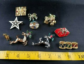 9 Vintage Christmas Brooch Pin Lot; Reindeer,  Gifts,  Ornaments,  Drums