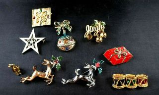 9 Vintage Christmas Brooch Pin Lot; Reindeer,  Gifts,  Ornaments,  Drums 2
