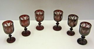 Vintage Egermann Czech Bohemian Ruby Red Cut To Clear Cordials (set Of 6)