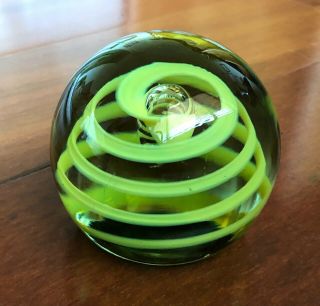 Vintage Swedish Art Studio Glass Paperweight With Green Swirl