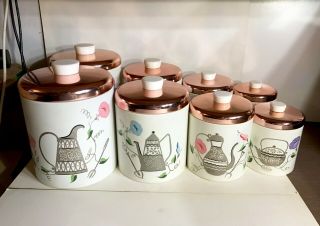 Vintage 1960s Ransburg 8 Piece Canister Set Gold & Silver,  White W/ Copper Lids