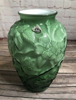 Vintage Fenton Vase Green Dogwood Design With Label
