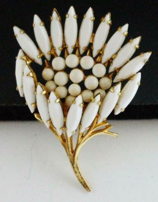Pretty Vintage 3 - D Flower Pin Brooch W/white Milk Glass Navette Rhinestones