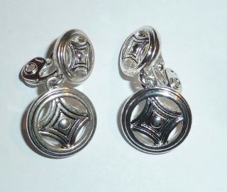 Vintage Nwh - Dangling Silvertone Geometric Etched Clip - On Earrings