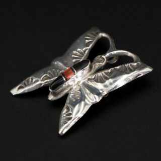 Vtg Sterling Silver - Navajo M Onyx Coral Butterfly Pendant Brooch Pin - 10.  5g
