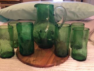 Vintage Green Crinkle Glasses W/pitcher