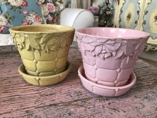 Vintage 2 Mccoy Quilted Rose Pattern Pottery Planter Pot Pink Yellow W/ Saucer