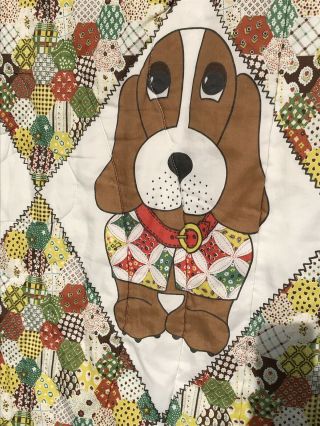 Vtg 70’s Comforter Twin Size Boho Hippie Bedspread Dog Calico Quilt Cathedral