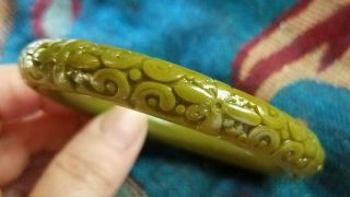 Vintage Olive Green Carved Ornate Bangle Bracelet Resin? Ethnic Boho Chinese