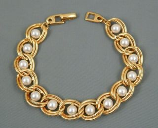 Vintage Signed Napier Faux Pearl Gold Tone Curb Chain Link Bracelet 7 - 1/2 "