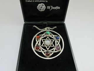 Vintage Signed St Justin Pewter Glass Star Of David Celtic Pendant Necklace