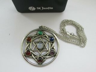 Vintage Signed St Justin Pewter Glass Star Of David Celtic Pendant Necklace 3