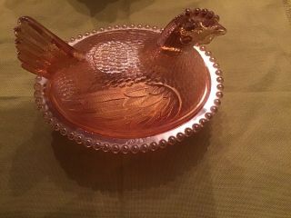 Vintage Indiana Glass - - Carnival Iridescent Glass Chicken Hen On A Nest