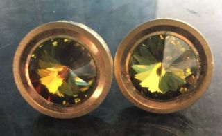 Vintage Gold Tone Metal Citrine Faceted Glass Stone Circular Cuff Links C1960s