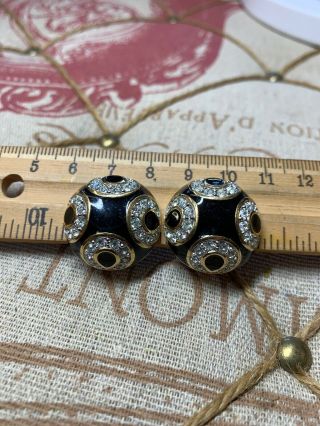 Vintage Swarovski Costume Gold Tone Black Enamel Crystal Clip On Dome Earrings