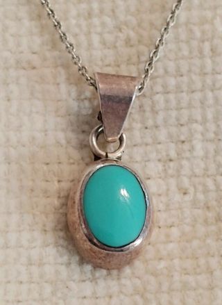 Vtg Mexico Necklace Turquoise 925 Sterling Silver Signed Ati Chain & Pendant
