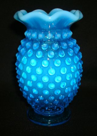 Vintage Fenton Art Glass Blue Opalescent Hobnail 3855 Mini Ruffled 3 ¾” Bud Vase