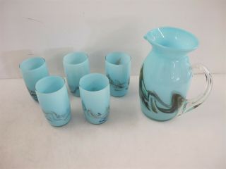 Vintage Colorful Glass Pitcher & 5 Cups Set - Turquoise Swirl