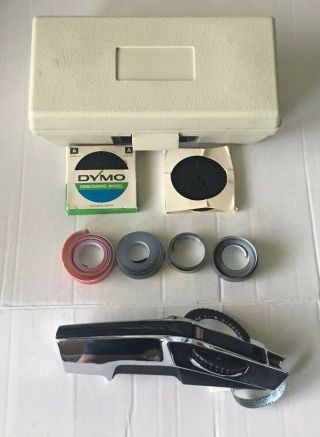 Vintage Dymo 1570 Label Maker W/ 3 Letter Wheels And Assorted Tapes Chrome/black