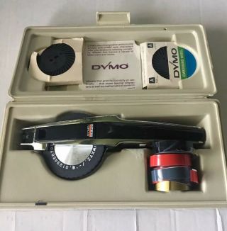 Vintage Dymo 1570 Label Maker w/ 3 Letter Wheels and Assorted Tapes Chrome/Black 2
