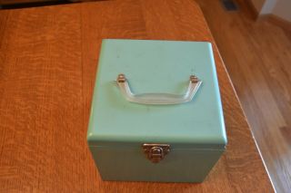 vintage green metal 45 rpm record box carrying case with plastic handle 3