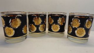 Set Of 4 Vintage Libbey Black & Gold Low Ball Glasses Tumblers Rocks Mid Century