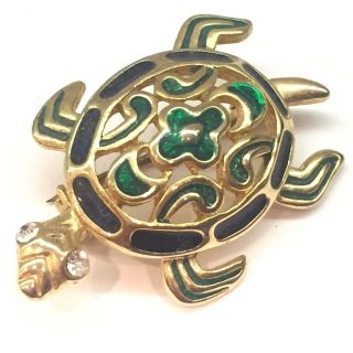 Vtg Gold Rhinestone Enamel Turtle Figural Animal Pin Brooch Designer Runway - 80