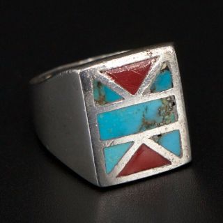 Vtg Sterling Silver - Navajo Turquoise Coral Inlay Men 
