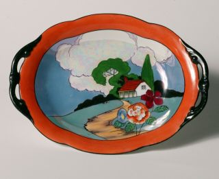 Vintage Art Deco Noritake Oval Bowl - House Scenic - Iridescent & Bright Luster