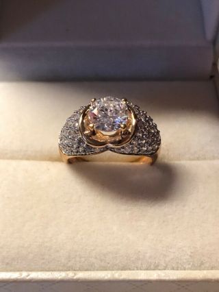 Vintage Round Solitaire With Pave Gold Over Sterling Silver Ring Size 8.  5