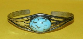 Vtg Modernist Danecraft Sterling Silver W/ Turquoise Art Glass Cab Cuff Bracelet