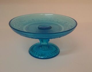 Small Vintage Glass Pedestal Stand Or Cake Stand.  Deep Aqua.  Bakery