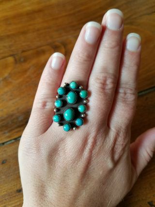 Large Vintage Old Pawn Native American Turquoise Cluster Ring Size 7.  25