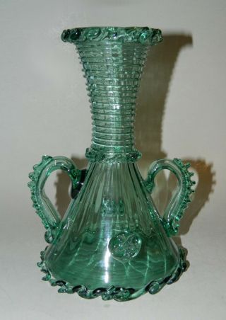 Vintage Art Glass Handled Vase Bottle Green Mallorca Spanish Made Glass Nr